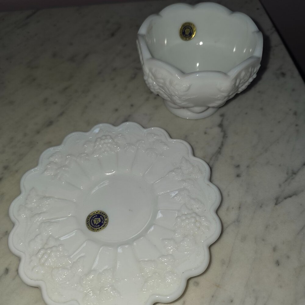 Vintage Westmoreland Milk Glass Grape Pattern Footed Bowl With Matching Saucer